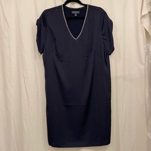 V-neck sHort sleeve satin dress w/ embellishments
